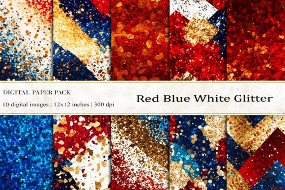 Red Blue White Glitter Digital Papers